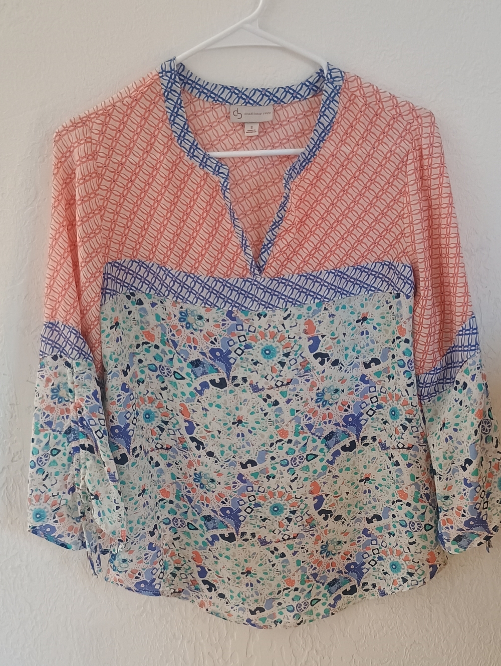 Coral and Blue Mixed-Print V-Neck Blouse
